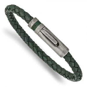 Stainless Steel Antiqued Green Leather 8.25-inch Bracelet