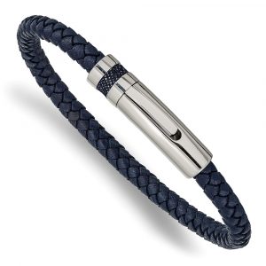 Stainless Steel Polished Blue Leather 8.25-inch Bracelet