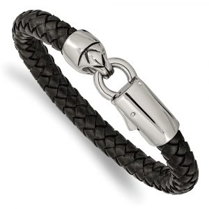 Stainless Steel Antiqued and Polished Black Leather 8.25-inch Bracelet