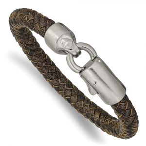 Stainless Steel Brushed Brown Leather 8.25-inch Bracelet