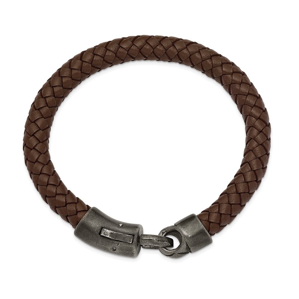 Stainless Steel Antique Grey-plated Brown Leather 8.25-inch Bracelet - Image 2