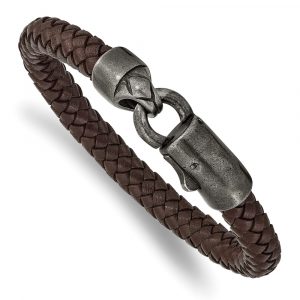 Stainless Steel Antique Grey-plated Brown Leather 8.25-inch Bracelet