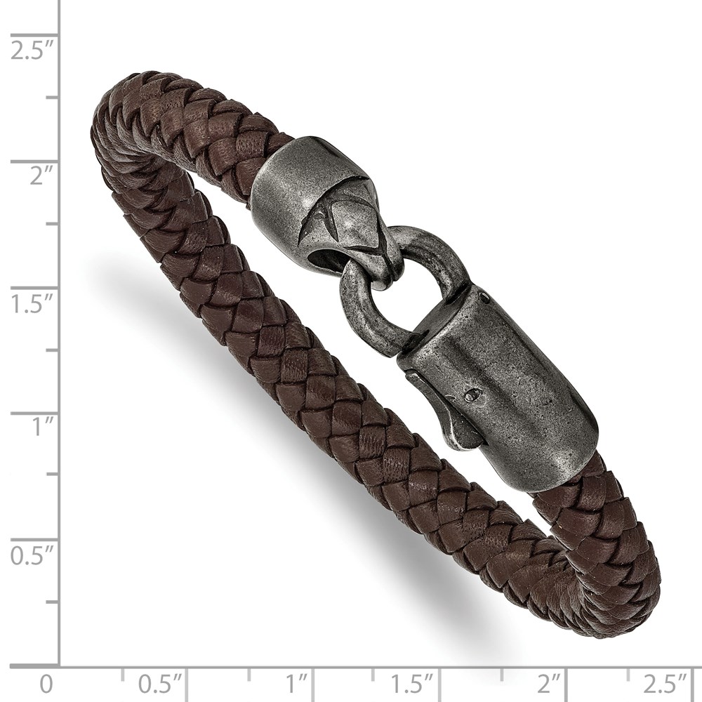 Stainless Steel Antique Grey-plated Brown Leather 8.25-inch Bracelet - Image 3