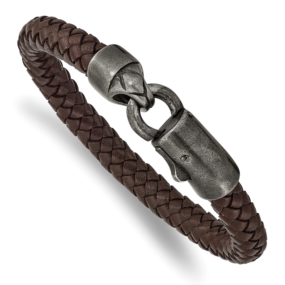Stainless Steel Antique Grey-plated Brown Leather 8.25-inch Bracelet