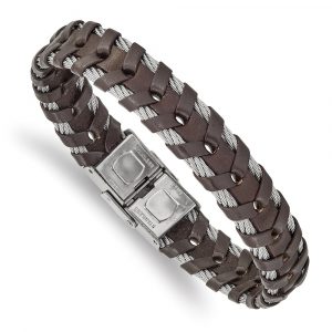 Stainless Steel Polished Cable and Brown Leather 8.25-inch Bracelet
