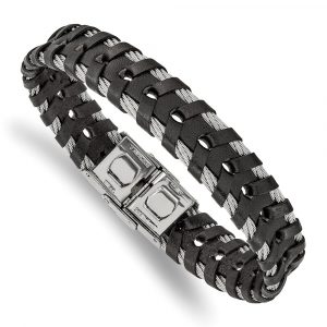 Stainless Steel Polished Cable and Braided Black Leather 8.25-inch Bracelet