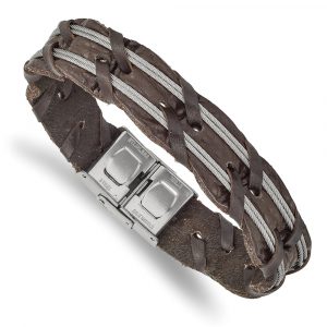 Stainless Steel Polished Cable and Brown Leather 8.5-inch Bracelet