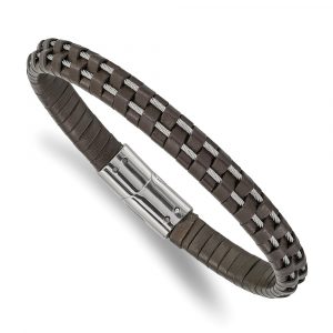 Stainless Steel Polished Cable and Brown Leather 8.75-inch Bracelet