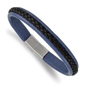 Stainless Steel Polished Blue and Black Faux Leather 8.25-inch Bracelet