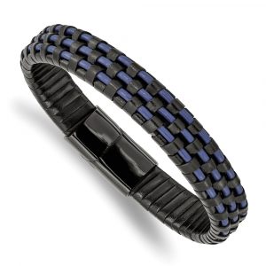 Stainless Steel Polished Black IP Black and Blue Leather 8.25-inch Bracelet
