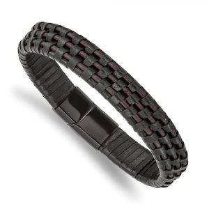 Stainless Steel Polished Black IP Black and Brown Leather 8.25-inch Bracelet