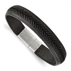 Stainless Steel Polished Black Italian Leather 8.75-inch Bracelet