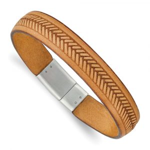 Stainless Steel Polished Tan Italian Leather 8.75-inch Bracelet