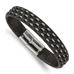 Stainless Steel Polished Black Leather and Wire 8.5-inch Bracelet
