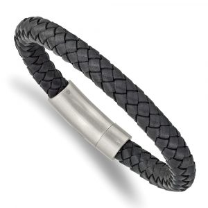 Stainless Steel Brushed Grey Leather 8.25-inch Bracelet