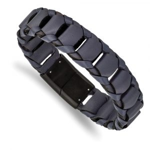 Stainless Steel Brushed Black IP-plated Blue Leather 8.5-inch Bracelet
