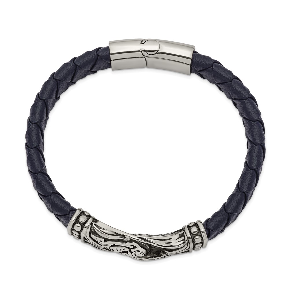 Stainless Steel Antiqued and Polished Blue Leather 8.75-inch Bracelet - Image 2