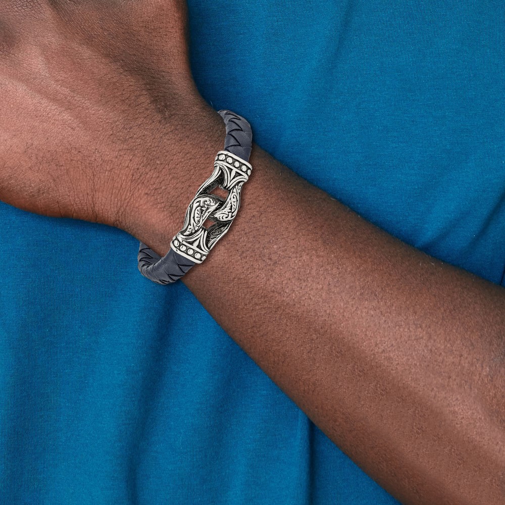Stainless Steel Antiqued and Polished Blue Leather 8.75-inch Bracelet - Image 4
