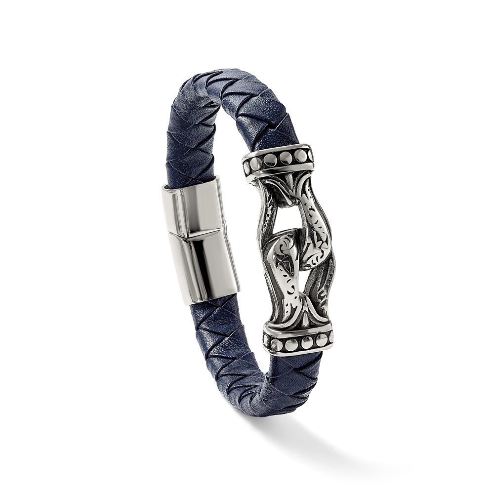 Stainless Steel Antiqued and Polished Blue Leather 8.75-inch Bracelet - Image 5