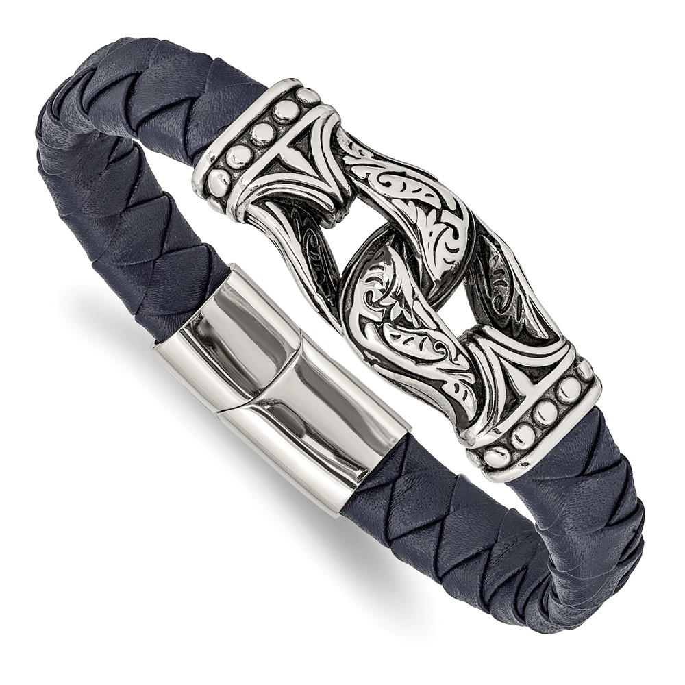 Stainless Steel Antiqued and Polished Blue Leather 8.75-inch Bracelet