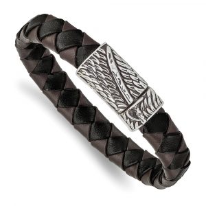 Stainless Steel Antiqued & Polished Black/Brown Leather Sword 8.5-inch Bracele