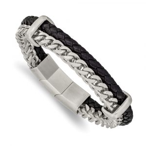 Stainless Steel Brushed Leather and Cha-inch 8-inch w/.5-inch ext. Bracelet