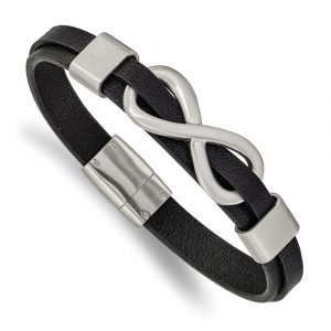 Stainless Steel Brushed & Polished Black Leather Infinity Sign Bracelet