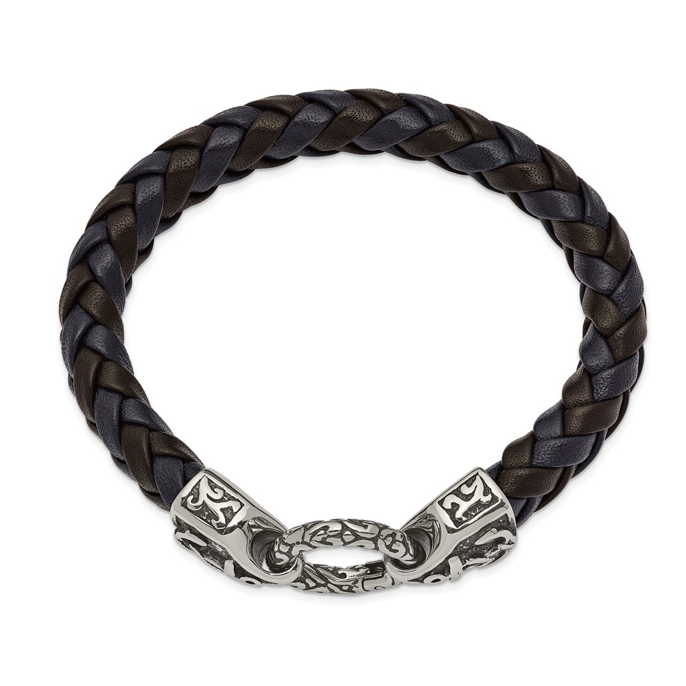 Stainless Steel Antiqued and Polished Black/Blue Leather 8.25-inch Bracelet - Image 2