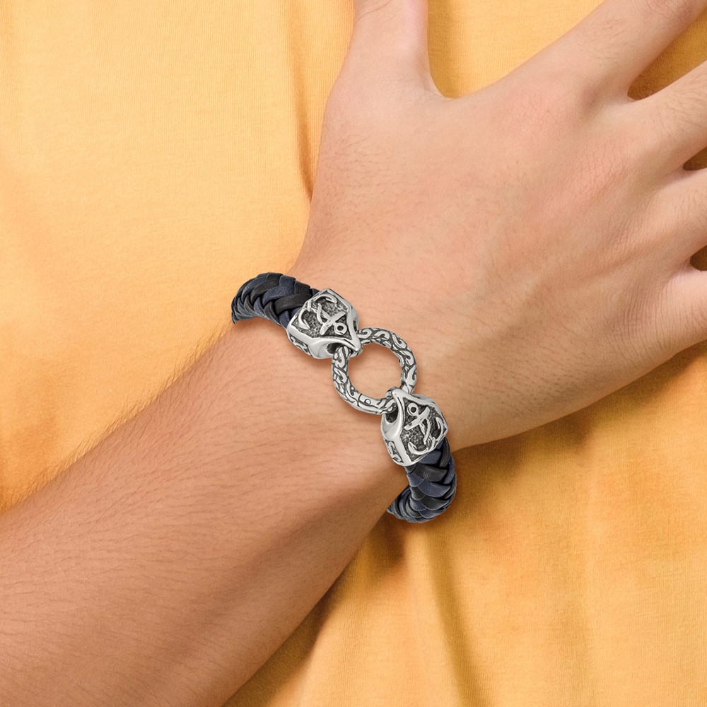 Stainless Steel Antiqued and Polished Black/Blue Leather 8.25-inch Bracelet - Image 4