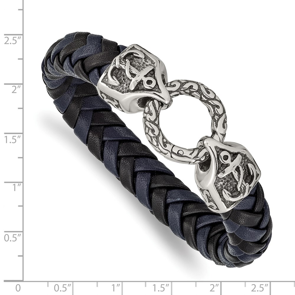 Stainless Steel Antiqued and Polished Black/Blue Leather 8.25-inch Bracelet - Image 3