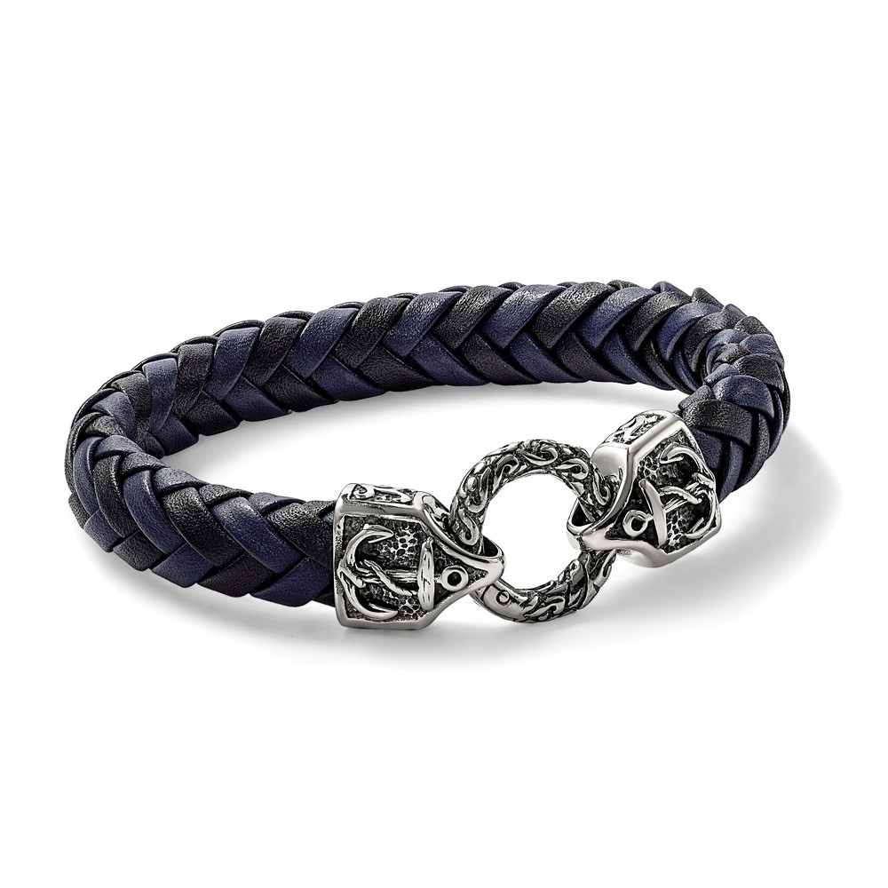 Stainless Steel Antiqued and Polished Black/Blue Leather 8.25-inch Bracelet - Image 5