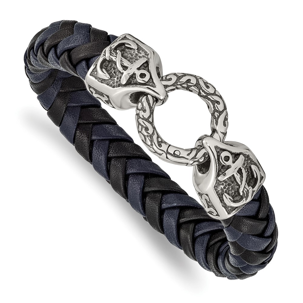 Stainless Steel Antiqued and Polished Black/Blue Leather 8.25-inch Bracelet