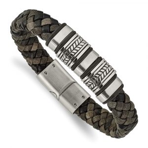 Stainless Steel Antiqued Brushed & Polished Leather w/Silicone Bracelet