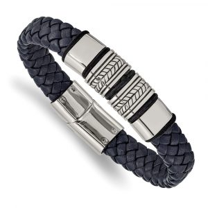 Stainless Steel Antiqued & Polished Blue Leather w/Silicone 8.25-inch Bracelet