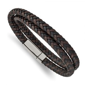 Stainless Steel Polished Brown/Black Leather Braided 15.75-inch Wrap Bracelet