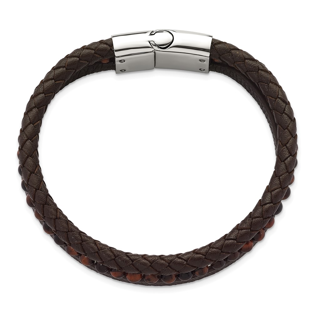 Stainless Steel Polished with Tiger's Eye Brown Leather 8.25-inch Bracelet - Image 4