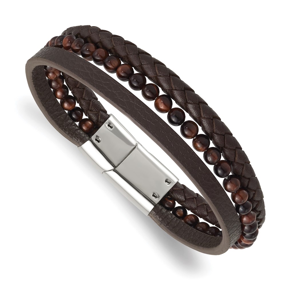 Stainless Steel Polished with Tiger's Eye Brown Leather 8.25-inch Bracelet