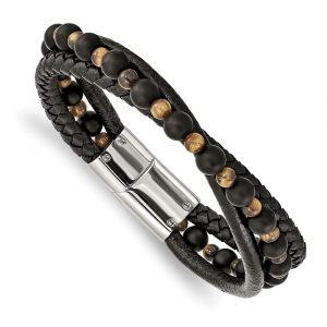 Stainless Steel Polished w/Tiger's Eye/Black Agate Leather 8.25-inch Bracelet