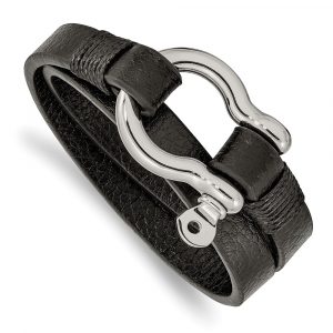 Stainless Steel Polished Textured Black Leather 16-inch Wrap Shackle Bracelet