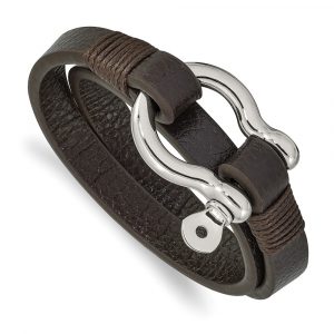 Stainless Steel Polished Brown Leather 16-inch Wrap Shackle Bracelet