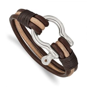Stainless Steel Polished D.Brown/Tan Leather MultiStrand Shackle Bracelet