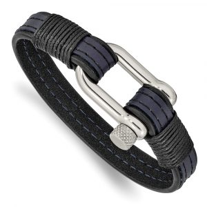 Stainless Steel Polished Black & Blue Leather 8.25-inch Shackle Bracelet