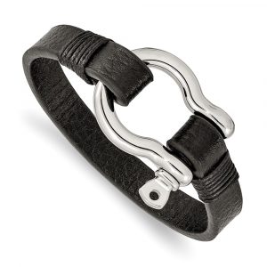 Stainless Steel Polished Black Leather 8.25-inch Shackle Bracelet