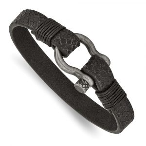 Stainless Steel Antiqued White Bronze Plated Leather 8-inch Shackle Bracelet