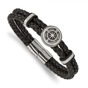 Stainless Steel Antiqued & Polished Black Leather Compass 8-inch Bracelet