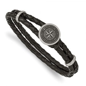 Stainless Steel Brushed Lasered Compass Black Leather 8.5-inch Bracelet