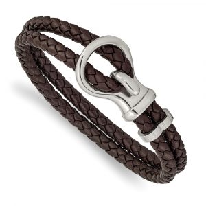 Stainless Steel Polished Braided Brown Leather 8-inch Bracelet