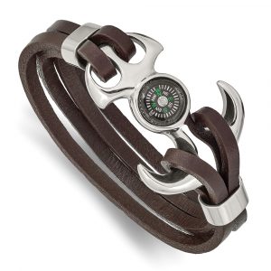 Stainless Steel Polished Functional Compass Brown Leather 8.5-inch Bracelet