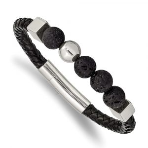 Stainless Steel Polished w/Lava Stone Black Leather 8-inch Bracelet