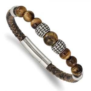 Stainless Steel Antiqued and Polished Tiger's Eye Leather 8.5-inch Bracelet
